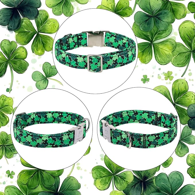St. Patrick's Day Dog Collar, Lucky Clover Dog Collars, Adjustable Heavy Duty Irish Festive Pet Collar for Small Medium Large Dogs with Metal Buckle M