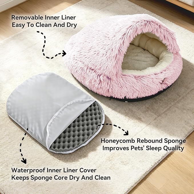 YooxArmor Washable Dog Bed, Windproof Round Hooded Cat Bed Cave for Small Medium Pets, Self Warming Anti-Anxiety House with Fluffy Cover (Pink-M)