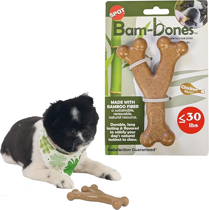 SPOT Bam-Bones Wishbone Dog Chew Toy, Bamboo Fiber Blend, Non-Splintering Durable Chew for Light to Moderate Chewers, Adult Dogs & Teething Puppies 10–30 lbs, Chicken Flavor, 5.25 in