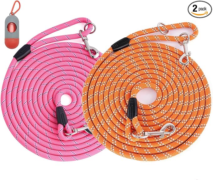 (2 Pack) Long Dog Leash for Dog Training 16FT/30FT/50FT, Reflective Heavy Duty Dog Lead for Large Medium Small Dogs Outside Walking, Playing, Camping, or Yard,Orange&Pink 20FT