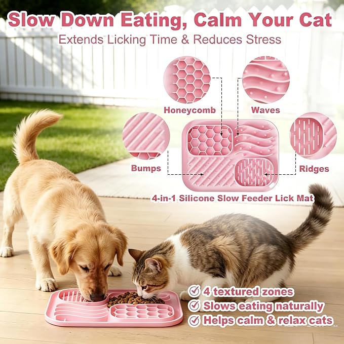 AZY 3-Piece Slow Feeder Cat Bowl Set, Silicone Cat Lick Mat, Cat Treat Dispenser & Food Spoon for Wet Food, Slow Eating & Daily Cat Enrichment (Pink)