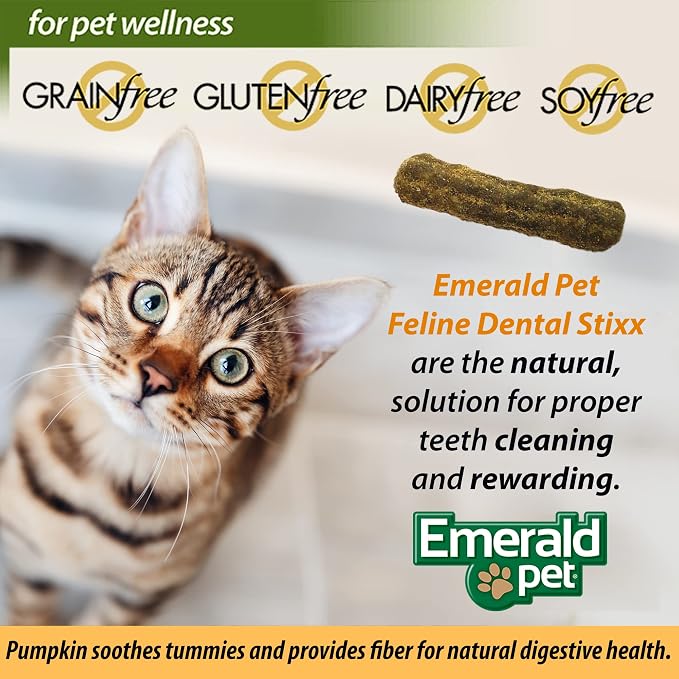 Emerald Pet Grain-Free Chicken Cat Dental Treats – Crunchy Dental Sticks for Cats to Clean Teeth, Reduce Plaque & Tartar, Freshen Breath – Pumpkin for Digestive Health, Natural Cat Chews, 3.6 oz
