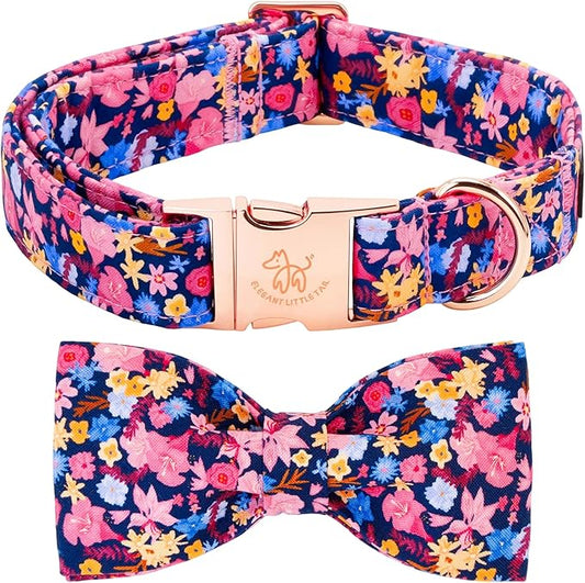 Elegant little tail Dog Collar, Floral Pattern Pet Collars with Bow Girl Cotton Bowtie Collars Spring Puppy Gift Adjustable Pet Collar for X-Large Dogs