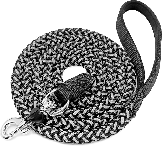 Reflective Dog Leash 2/3/4/6/10ft Braided 1/2" Strong Nylon Rope | 6ft Black Dog Leash for Large Medium Small Dogs Walking Training Leads
