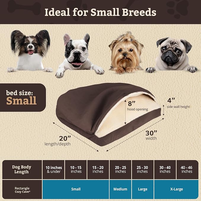 Snoozer Rectangle Cozy Cave Dog Bed - Indoor Dog Bed with Cover Cave, Covered Calming Burrow for Small Sized Pets with Blanket Attached, Enclosed, Washable Cover - Small, Hot Fudge