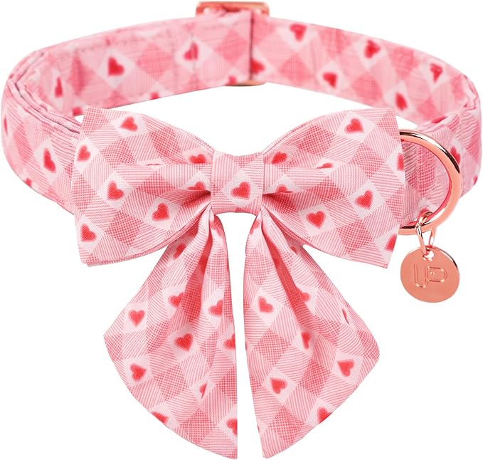 Valentine Dog Collar with Bow Tie, XL, Pink Plaid, Cotton with Metal Buckle, 16-26in Neck