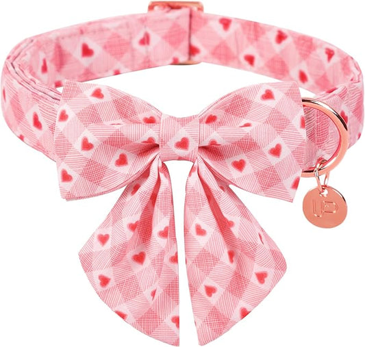 Valentine Dog Collar with Bow Tie, Pink Plaid, Cotton, Metal Buckle, Valentine's Day Gift, L, 16-24in
