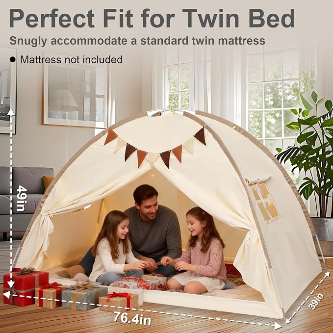 Redants Twin Bed Tent Canopy, Indoor Blackout Privacy Toddler Bed Tent for Kids with Light, Portable Sleeping Floor Kids Playhouse (Cream, Twin Size)