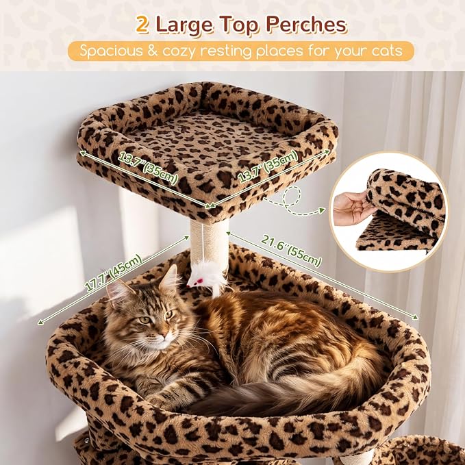 Globlazer Extra Large Cat Tree Tower 82in Tall Heavy Duty Cat Tree for Indoor Cats Large Adult Big Cat Tower with 8 Scratching Posts, 2 Condos, 2 Padded Perches, 3 Hanging Baskets, S82, Leopard Print