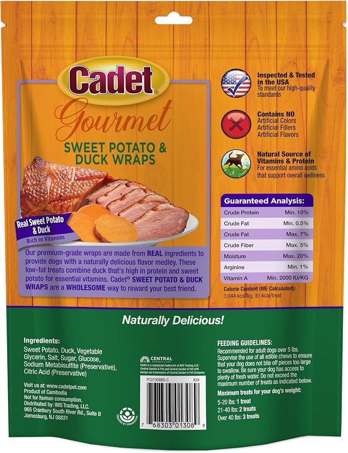 Cadet Gourmet Sweet Potato & Duck Dog Treats Wraps - Healthy & Natural Sweet Potato & Duck Dog Training Treats for Small & Large Breeds - Inspected & Tested in USA (14 oz.)