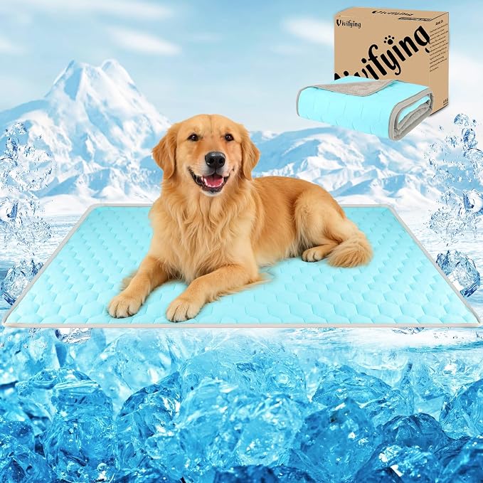 Vivifying Cooling Mat for Dogs, 60 x 40 Inch Waterproof Reversible Pet Cooling Blanket with Ice Silk & Soft Velvet, Year-Round Pet Pad for Large Dogs, Couch, Bed, Crate, Floor, Car Seat (Blue&Grey)