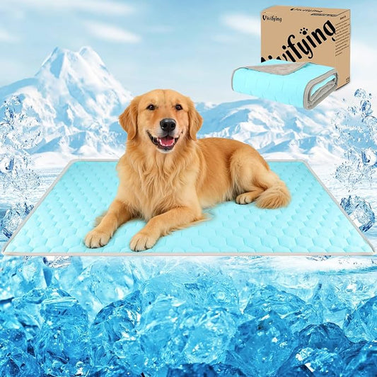 Vivifying Cooling Mat for Dogs, 60 x 40 Inch Waterproof Reversible Pet Cooling Blanket with Ice Silk & Soft Velvet, Year-Round Pet Pad for Large Dogs, Couch, Bed, Crate, Floor, Car Seat (Blue&Grey)