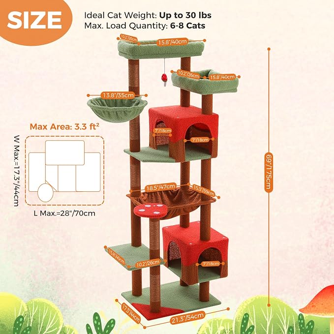 69” Cat Tree for Indoor Cats Large Adult, Multi-Level Cat Tower with Scratching Post, Dual Top Perches, Big Hammock, 2 Condos & Bat Toy Ball, Cat Furniture for Multi-Cat Households, Brown
