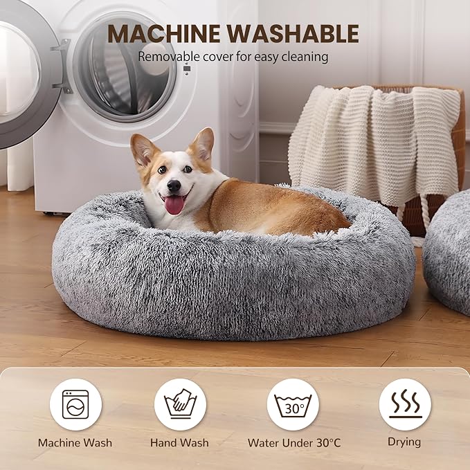 Donut Dog Bed Medium Size Dog 30 Inch, Round Cat Beds for Small Medium Dogs and Cats with Washable Fluffy Faux Fur, Cute Comfort Pet Bed with Anti-Slip Bottom, Grey