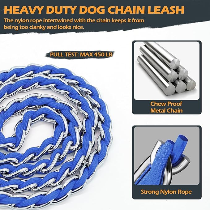 Chain Dog Leash Chew Proof Metal Leash for Medium Large Dogs, Chain Link Dog Anti Chew 5.2FT / 4FT Strong Anti Bite Comfortable Soft Padded Handle (Blue, 5FT(80-150lb))