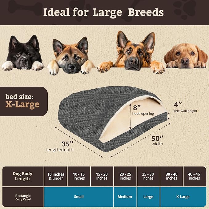 Snoozer Rectangle Cozy Cave Dog Bed - Indoor Dog Bed with Cover Cave, Covered Calming Burrow for Large Sized Pets with Blanket Attached, Enclosed, Washable Cover - XL, Merlin Pewter