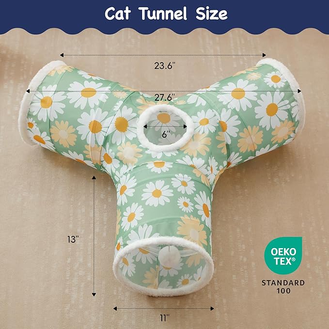 Tempcore Cat Tunnel for Indoor Cats, 3 Way Collapsible Pet Play Tunnel with Teaser Wand, Peek Holes & Hanging Ball, Interactive Tube for Kittens & Rabbits, Daisy Green Printed