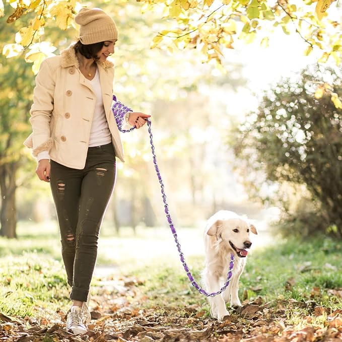 Heavy Duty Metal Dog Chain Leash with Comfortable PU Leather Padded Handle, Chew Proof for Medium Large Pooch Walking Training (6FT 3.5mm Purple)