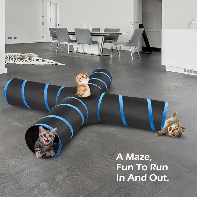 Pawaboo Cat Toys - 4 Way Cat Tunnel, Tube & Play Tent, 25x53cm, Extensible, Interactive Maze with Balls & Bells for Kitten & Small Animal, Blue