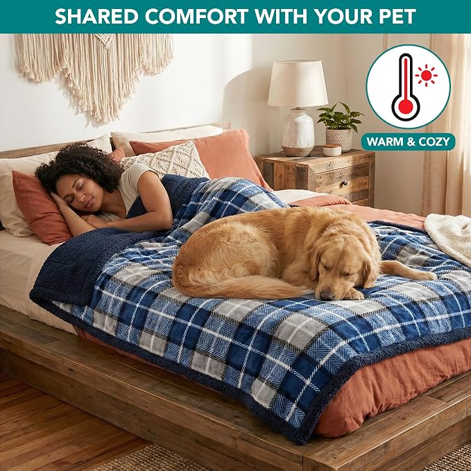 PetAmi Waterproof Dog Blanket for Couch, Large 60x40, Pee Proof Sherpa Fleece Reversible Pet Throw, Furniture Protector for Bed Sofa Kennel, Soft Washable Cover for Medium Dogs Cats, Plaid Blue