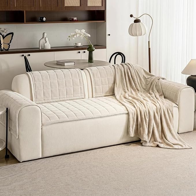 Couch Covers for Dogs Washable, 27.6"x70.9" Non Slip Couch Covers for Loveseat Sofa Pet Friendly, Soft Fuzzy Sofa Covers for Pet, Dog Couch Cover Furniture Protector(1PC,Beige White)