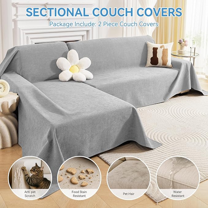 Deep Dream Sectional Couch Covers, 2 Pieces 100% Waterproof L Shaped Sofa Cover, Non Slip Couch Cover for Dogs Cats Washable, Pet Friendly Sofa Slipcovers Furniture Protector (X-Large, Light Grey)
