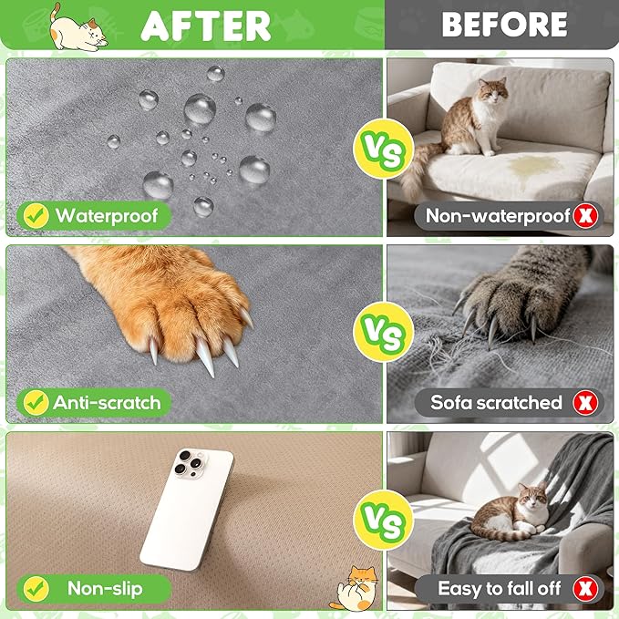 Loiion Velvet Sofa Cover, Ultra Soft Waterproof Non-Slip Couch Cover for Pets, Cat-Scratch Resistant Couch Cover, Pet & Kid Proof Scratch & Hair Resistant Washable Furniture Protector 150"X91" Grey