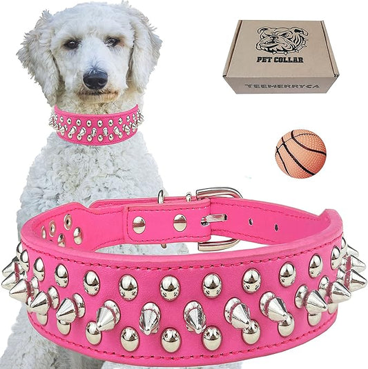 TEEMERRYCA Adjustable PU Leather Spiked Studded Dog Collars with a Squeak Ball Gift for Small Medium Large Pets Like Cats/Pit Bull/Bulldog/Pugs/Husky, Hot Pink, XXL 19.7"-22.4"