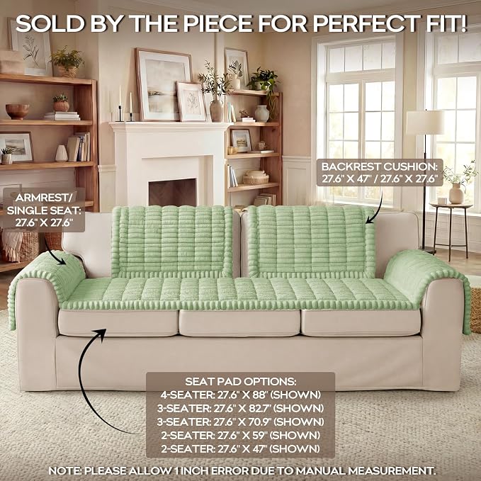 decorUhome Non-Slip Fuzzy Couch Cover for Dogs, Soft Thick Washable Pet-Friendly Protector, Sofa Slipcover for 3 Cushion Couch Sofa, Green, 27.6" x 70.9"