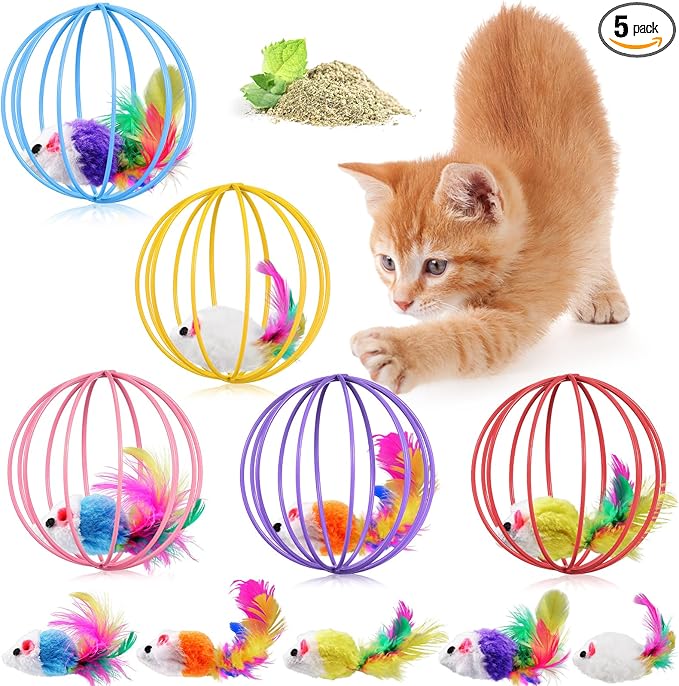 Jecery 5 Pcs Cat Spring Balls Toys Stretchable Rolling Balls Colorful Playful Coils Interactive Action Toy Caged Rats for Kitten Pet Supplies (Metal Cage,Multicolor)