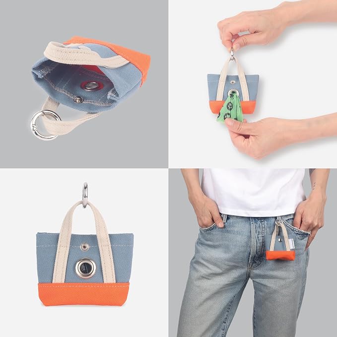 Dog Poop Bag Holder for Leash with 1 Waste Bag Roll, Canvas | Beige Handle, Round Clip, Cotton Pouch, Small Accessory Keychain Bag, Handmade in Korea