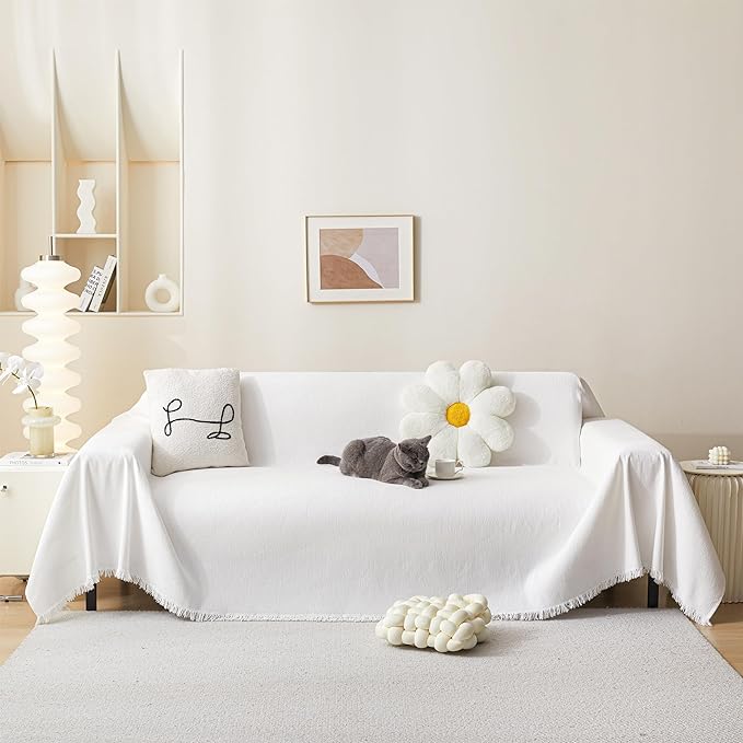 MEETSKY White Couch Cover Chenille Sofa Slipcover for Sectional Sofa Covers Washable, Use Thick Soft Fabric Couch Cover for Dogs, Multi-Use Couch Protector for Living Room, 71" x 118"
