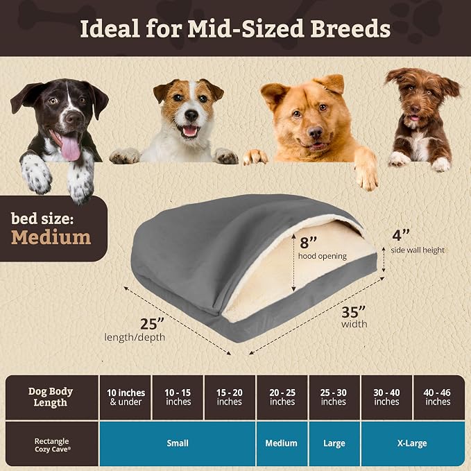 Snoozer Rectangle Cozy Cave Dog Bed - Indoor Dog Bed with Cover Cave, Covered Calming Burrow for Small & Medium Sized Pets with Blanket Attached, Enclosed, Washable Cover - Medium, Heather Gray