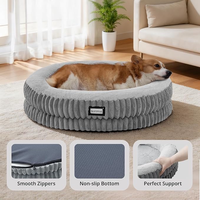 BALANCE Donut Dog Bed, 30 Inches Round Dog Bed Medium Size Dogs Washable, Orthopedic Calming Dogs Beds for Pets, Fluffy Plush Faux Fur Pet Bed with Anti-Slip Bottom