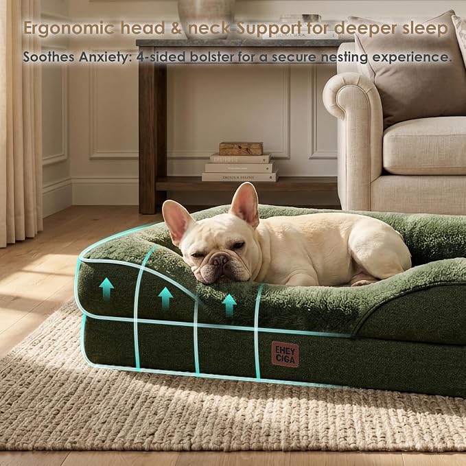 EHEYCIGA Orthopedic XL Dog Bed for Large Sized Dog, 48x35 Inch Extra Large Memory Foam Dog Couch Bed with Sides, Waterproof Liner & Washable Removable Cover, Bolster Pet Sofa, Dark Green