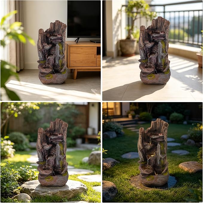 23.7" H Outdoor Garden Fountains, Cascading Rock Water Fountain Indoor, Freestanding Resin Water Feature for Patio, Backyard, Deck, Porch Home Decor