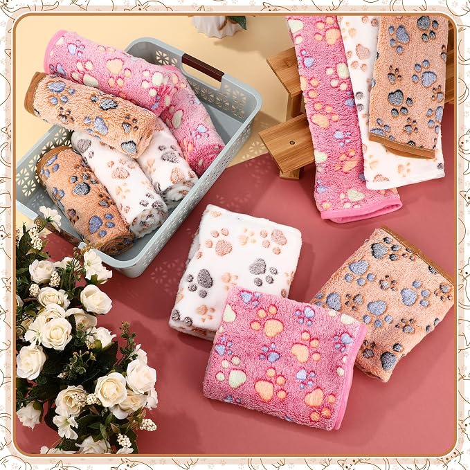 Tegeme 12 Pcs Pet Blankets 30 x 20 Inch Soft Fluffy Fleece Dog Cat Warm Paw Print Pattern Blankets Flannel Throw for Pets Dog Puppy Cat(Pink,Beige,Camel)