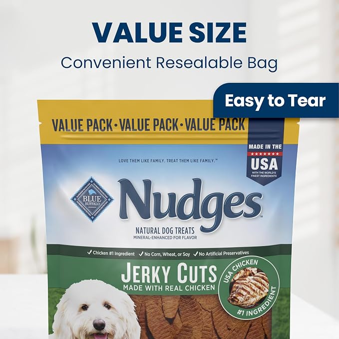 Blue Buffalo Nudges Chicken Jerky Cuts Natural Dog Treats, Tender & Meaty Dog Snacks, Healthy Reward or Training Treat, Made in the USA with Real Chicken, No Artificial Preservatives, 36 oz.
