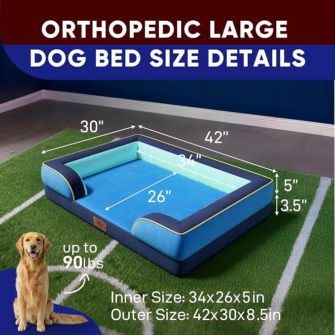 Comfort Expression Orthopedic Dog Bed for Extra Large Dogs 42x30 Inch, Waterproof Egg Crate Foam XL Pet Bed with Bolsters, Dog Couch with Washable Cover & Non-Slip Bottom, New Jersey