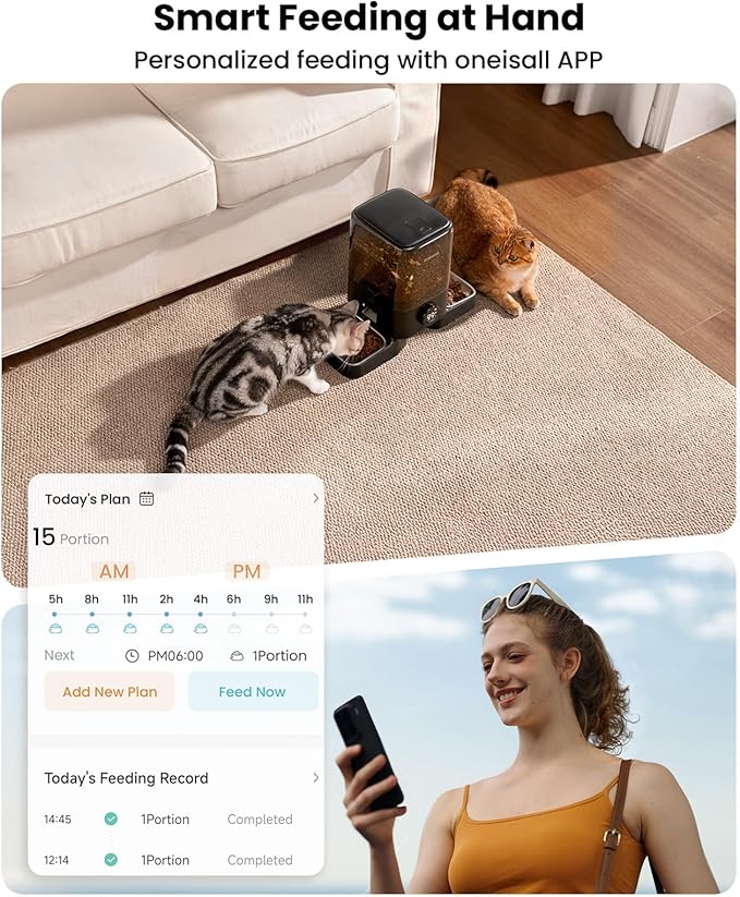 oneisall Cordless 2.4Ghz WiFi Automatic Cat Feeder for 2 Cats, Rechargeable 100-Day Battery Operated Auto Cat Feeder, 20 Cups/5L Timed Cats Food Dispenser Automatic for Large Kibble, Smart App Control