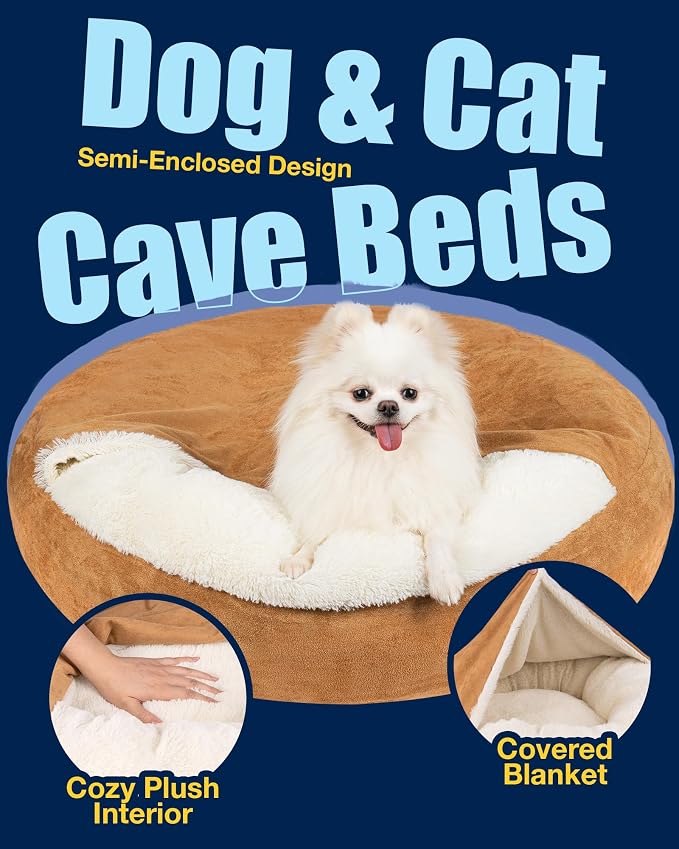 Pet Soft Small Dog Bed Cat Bed with Cover Cave - Round Calming Dog Beds Washable Cuddler Puppy Beds for Small, Medium Dogs and Cats (Khaki, 24")
