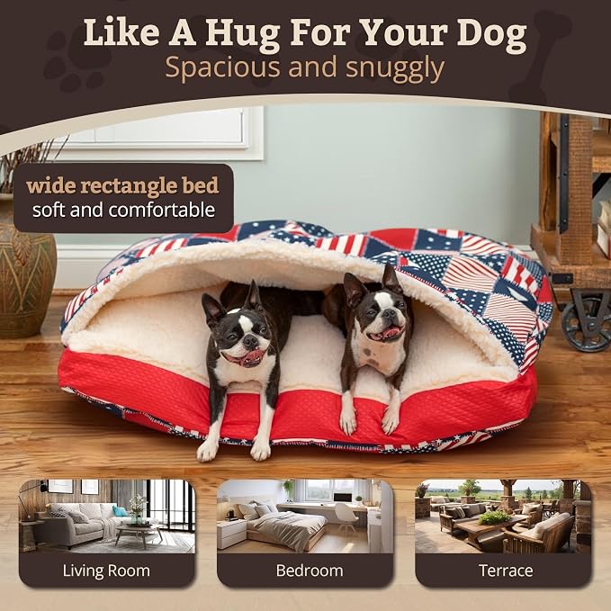Snoozer Rectangle Cozy Cave Dog Bed - Indoor Dog Bed with Cover Cave, Covered Calming Burrow for Large Sized Pets with Blanket Attached, Enclosed, Washable Cover - XL, Starpatch Red Diamond