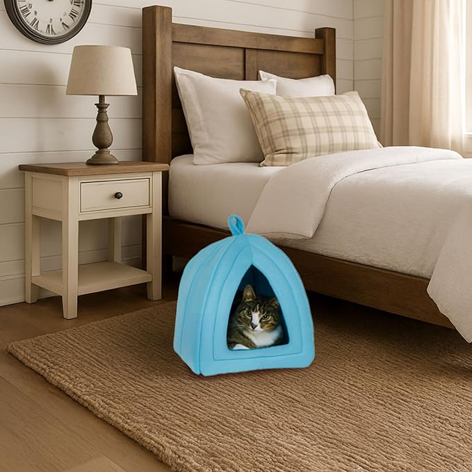 Cat House Indoor Cat Bed with Removable Foam Cushion, Plush Cat Tent Bed for Small Pets, Comfortable Cozy Hideaway for Cats, Kittens, Rabbits, Guinea Pigs, Ferrets, Hedgehogs, by PETMAKER (Blue)