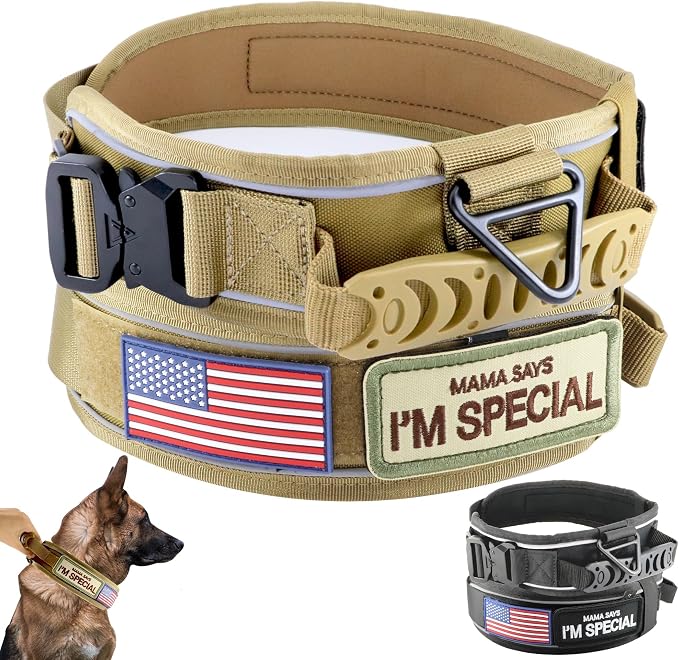 Tactical Dog Collar with Handle for Medium Dogs, 2.5"Wide Thick Heavy Duty Metal Buckle Dog Collar with Soft Neoprene Padded Lining, Military Service Reflective Collar for Training (Khaki,M)