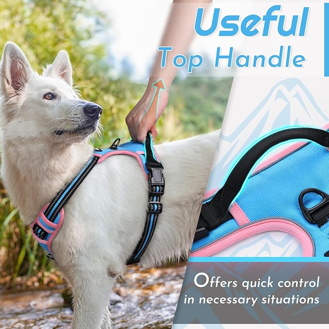 Eagloo Dog Harness for Large Dogs, No Pull Service Vest with Reflective Strips and Control Handle, Adjustable and Comfortable for Walking, No Choke Pet Harness with 2 Metal Rings, Pink & Blue, XL