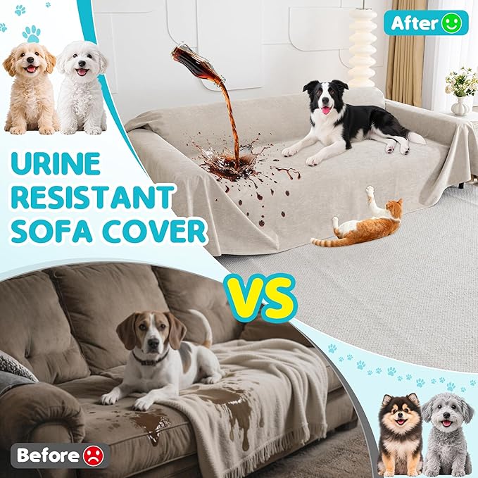 Loiion 100% Double-Sided Waterproof Dog Sofa Cover - Anti-Slip, Leakproof Couch Cover, Pet-Friendly Couch Protectors for Puppy, Large Dog, Kids and Pets 118"X71" Almond