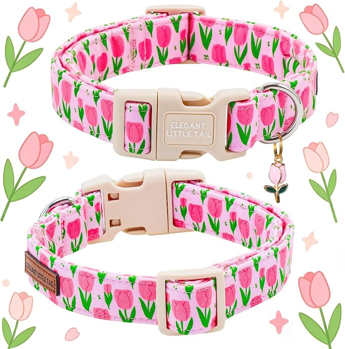 Elegant Little Tail Summer Dog Collar, Pink Tulip Floral Pattern Soft Cotton Pet Collars with Sturdy Quick Release Female Adjustable Pet Collar for Small Medium Large Dogs