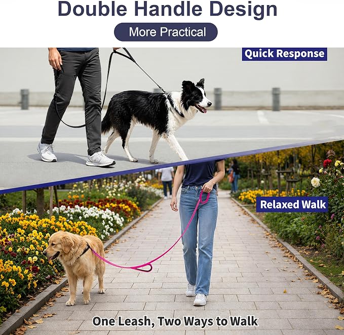 2 Pack Dual Handle Dog Leash, 6ft x 1in Heavy Duty Reflective Nylon Leash with Padded Grip, Traffic Handle, D-Ring, Tangle-Free Dog Lead for Small, Medium & Large Dogs, Safe Night Walks (Black+Rose)