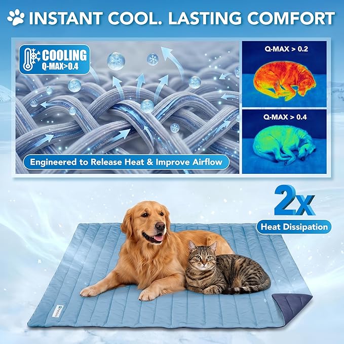PetAmi Dog Cooling Mat, Q-Max Pet Cooling Blanket with Thick Cushioning, Self Cooling Pad for Dogs & Cats, Reversible Summer Mat for Crate, Couch, Kennel, Navy/Dusty Blue, Small (24x32)