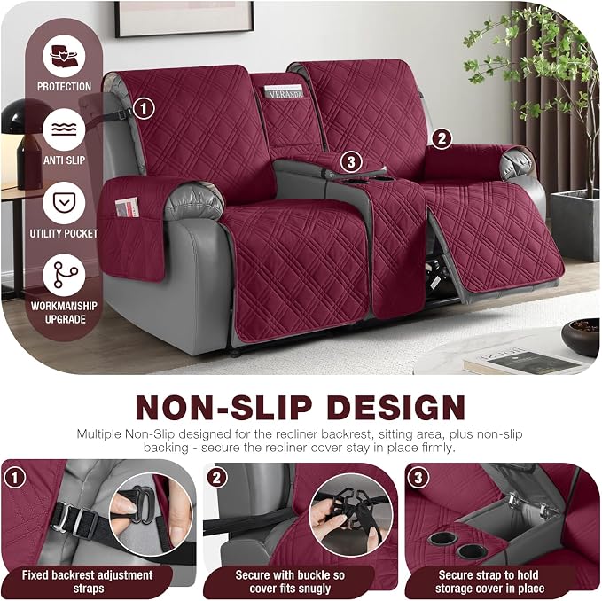 TAOCOCO Waterproof Loveseat Recliner Cover with Console, Non-Slip Reclining Loveseat with Console Cover with Pocket, Split Recliner Sofa Covers Furniture Protector for Pets Dogs(2 Seater, Wine)